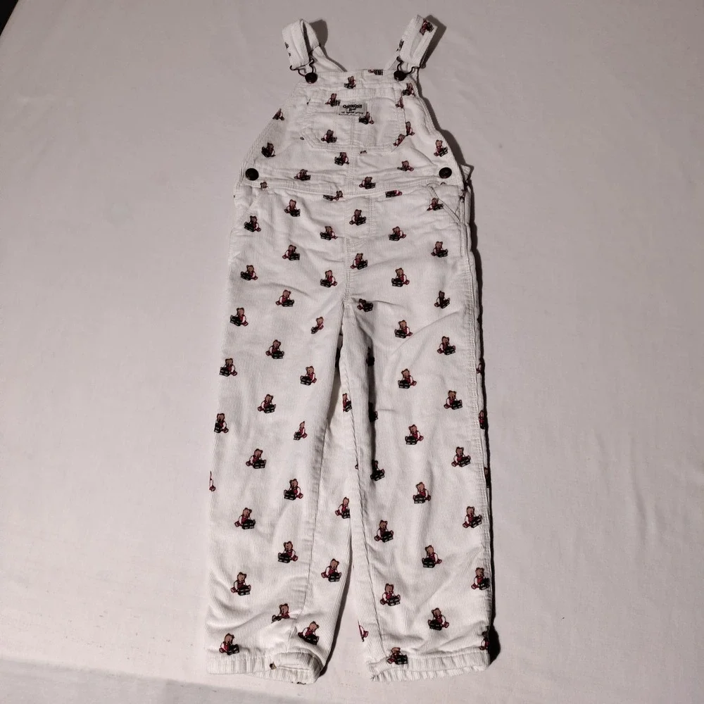 OshKosh B'gosh Kids White Corduroy Teddy Bear Vestbak Overalls 5T - Imperfect